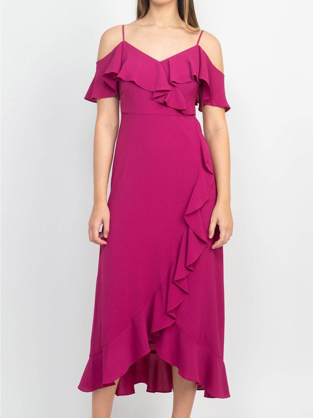 NWT London Times Ruffle Midi Dress in Hot Pink Size 14 Petite